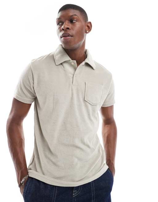 Brave Soul terrycloth polo shirt with camp collar in stone - part of a set