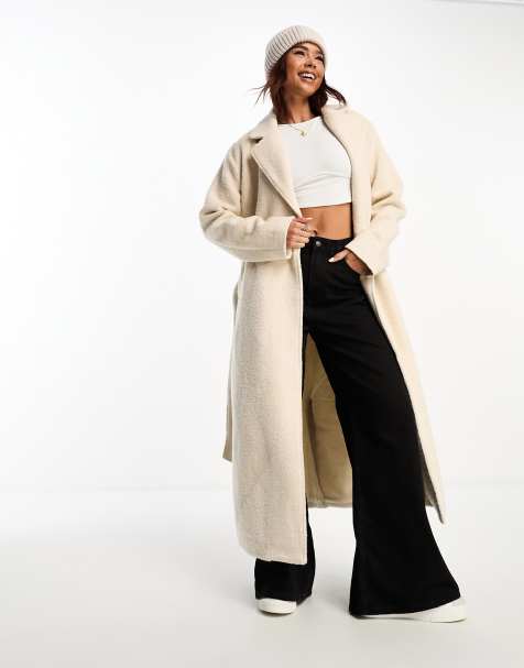 Brave Soul textured belted coat in cream - view 1