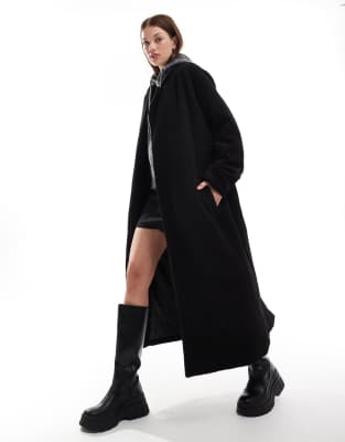 Brave Soul Brave Soul textured belted overcoat in black