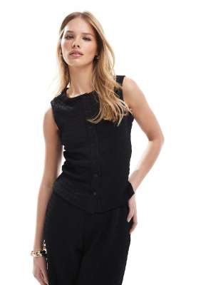 textured button down tank top in black - part of a set