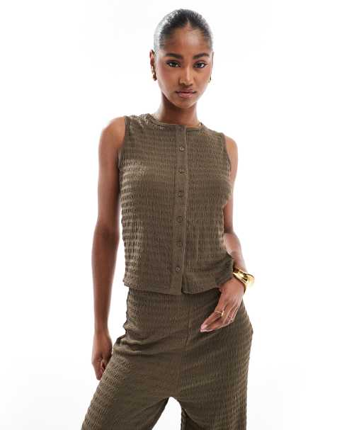 Brave Soul textured button down tank top in brown - part of a set - view 1