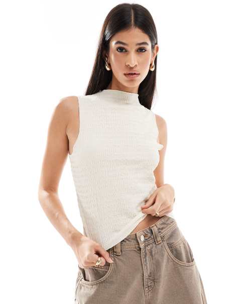 Brave Soul textured high neck singlet top in off white - view 1