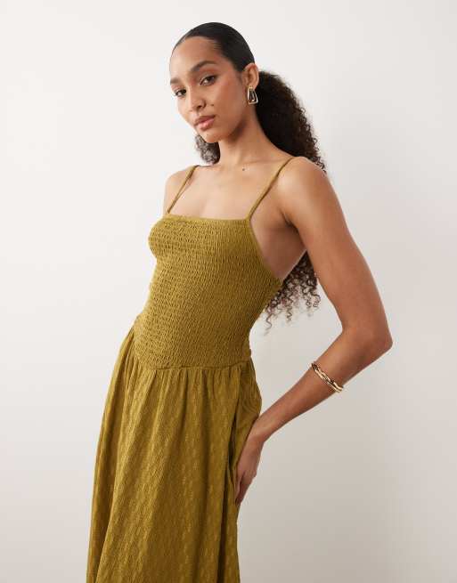Brave Soul textured jersey dress with shirred bodice in olive, 2 of 4
