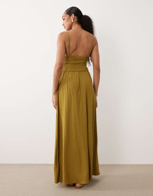 Brave Soul textured jersey dress with shirred bodice in olive, 4 of 4