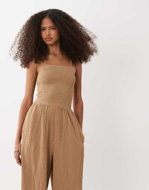 Brave Soul textured jersey jumpsuit with shirred bodice in taupe, 3 of 4