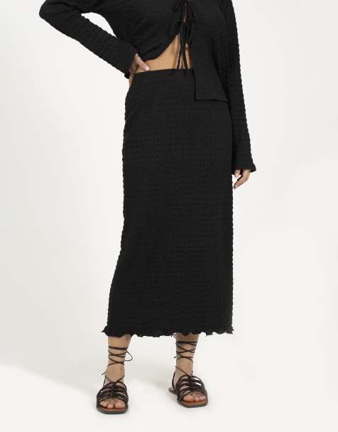 Brave Soul Textured jersey lettuce hem midi skirt in black - view 1
