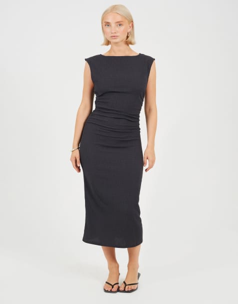 Brave Soul Textured jersey midi dress with gathered detail in charcoal - view 1