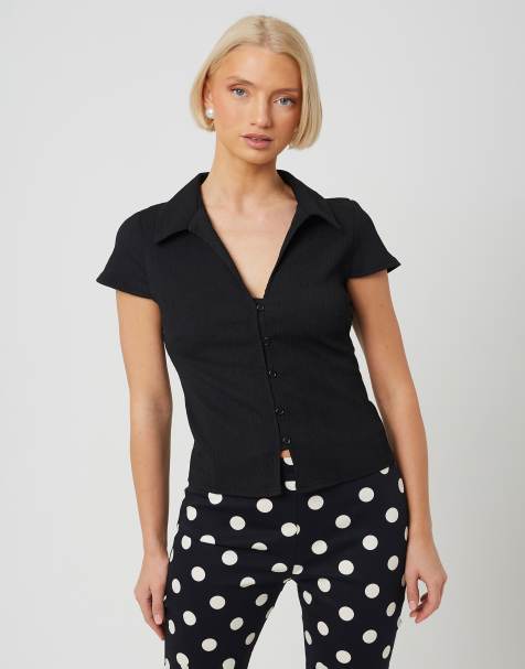 Brave Soul Textured jersey short sleeve button down top in black - view 1