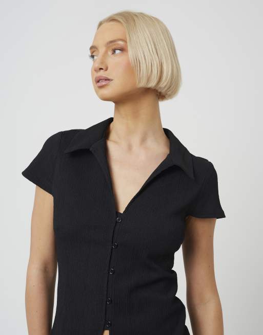 Brave Soul Textured jersey short sleeve button down top in black, 4 of 4