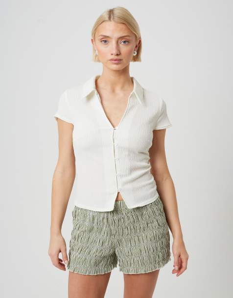 Brave Soul Textured jersey short sleeve button down top in cream - view 1