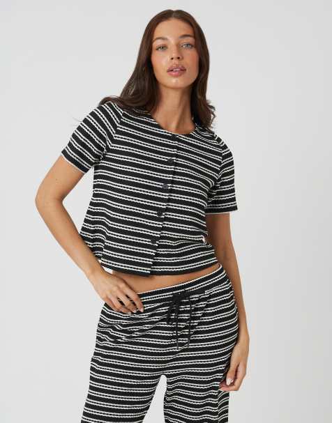 Brave Soul Textured jersey stripe short sleeve top in black - view 1