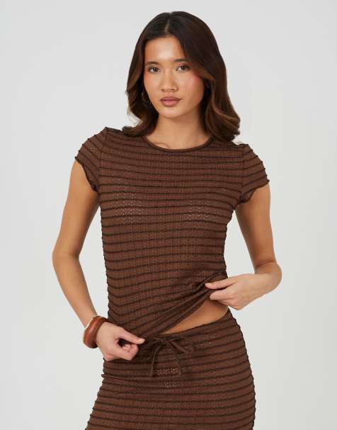 Brave Soul Textured jersey stripe short sleeve top in brown - view 1
