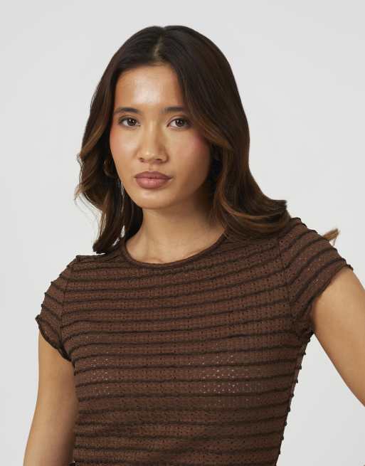 Brave Soul Textured jersey stripe short sleeve top in brown, 4 of 4