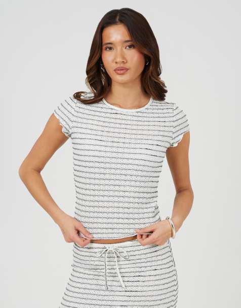 Brave Soul Textured jersey stripe short sleeve top in cream - view 1