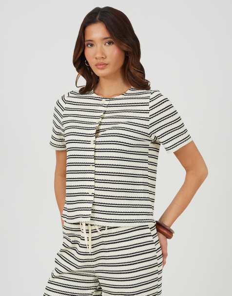 Brave Soul Textured jersey stripe short sleeve top in cream - view 1
