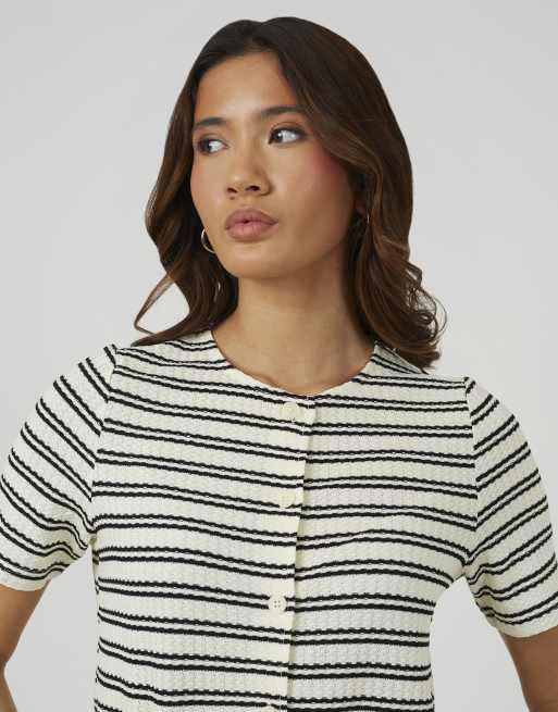Brave Soul Textured jersey stripe short sleeve top in cream, 4 of 4