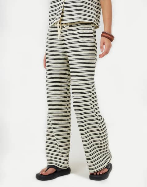 Brave Soul Textured jersey stripe straight leg trousers in cream - view 1