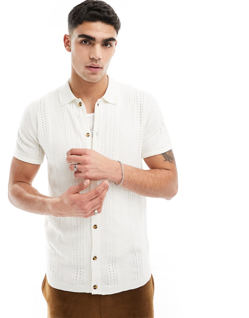 Brave Soul Textured Knit Button Up Polo In Vintage White