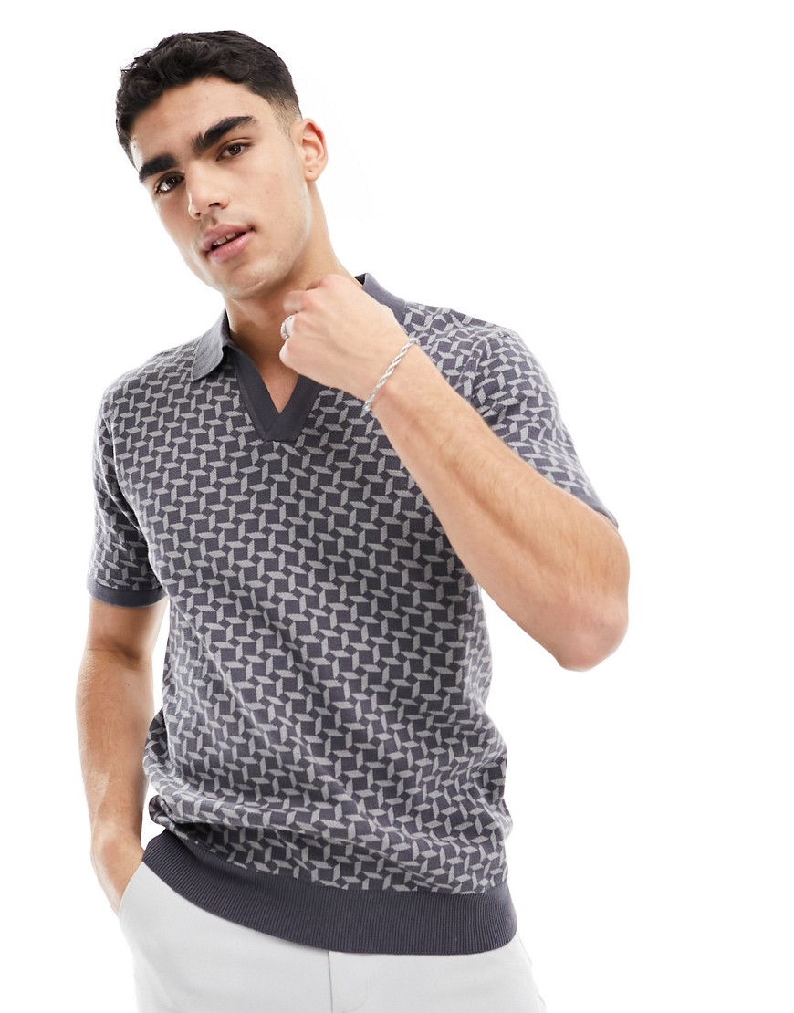 Brave Soul textured knit jacquard polo in grey