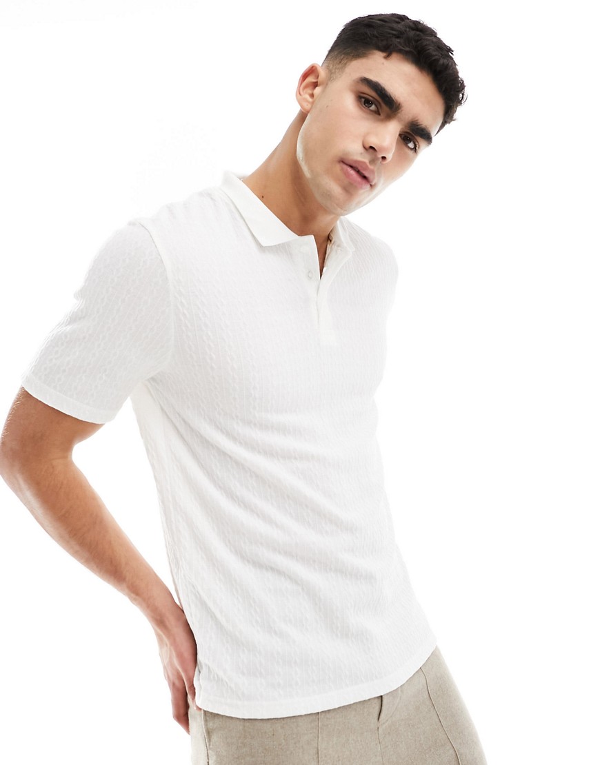 textured knit polo in white