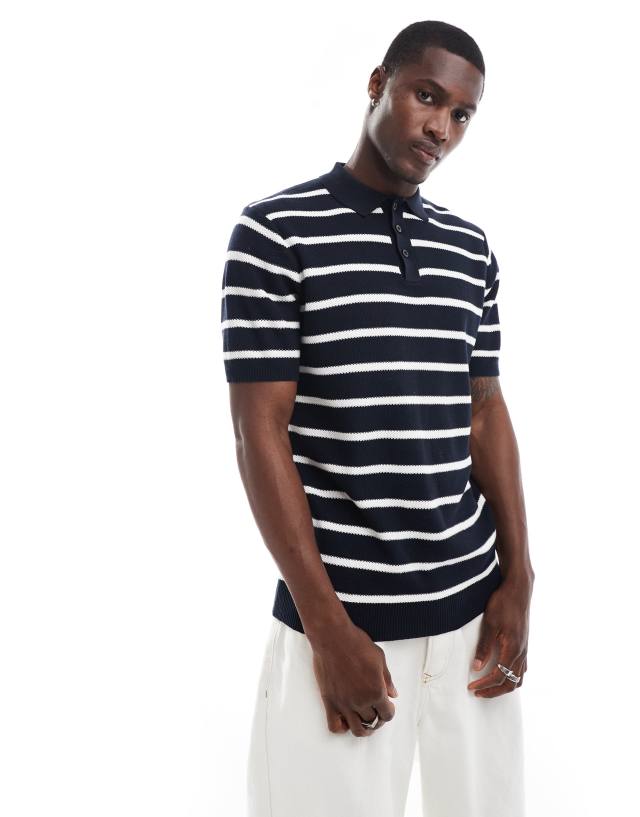 Brave Soul - textured knit stripe polo in navy