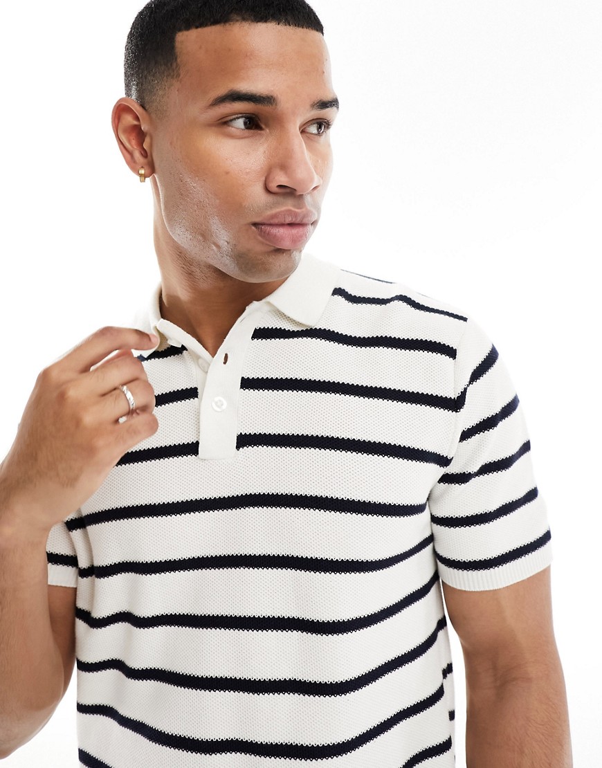 Brave Soul Textured Knit Stripe Polo In White