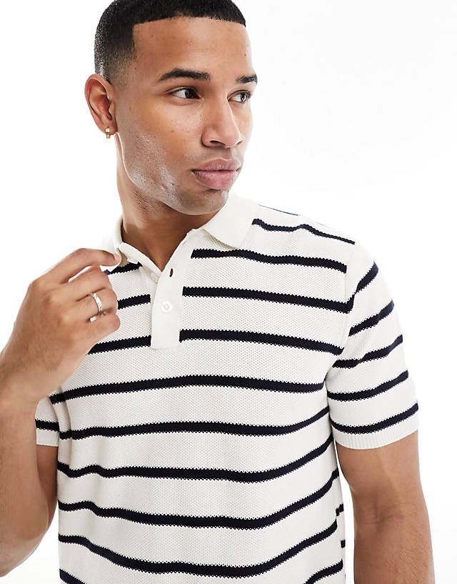 Brave Soul - textured knit stripe polo in white