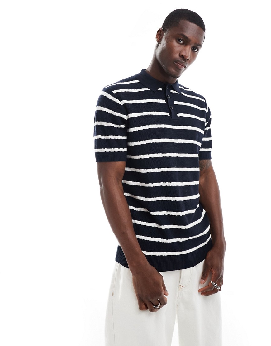 Brave Soul Textured Knit Striped Polo In Navy