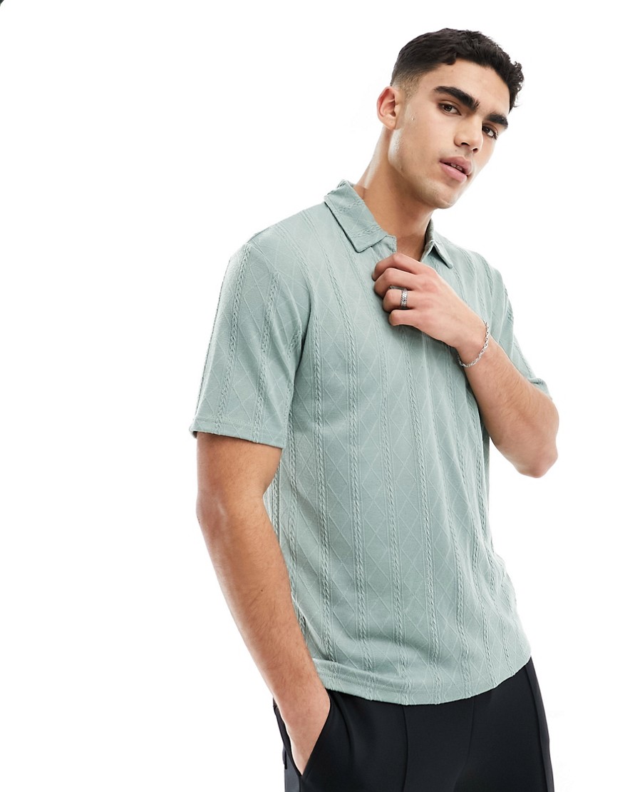 textured knit trophy neck polo in mint green
