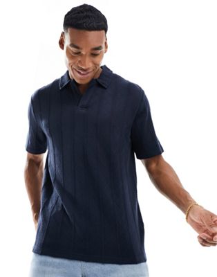 Brave Soul Textured Knit Trophy Neck Polo In Navy
