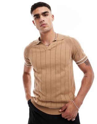 Brave Soul Textured Knit Trophy Neck Polo In Tan Brown