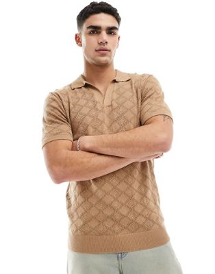Brave Soul Textured Knit Trophy Neck Polo In Tan-brown
