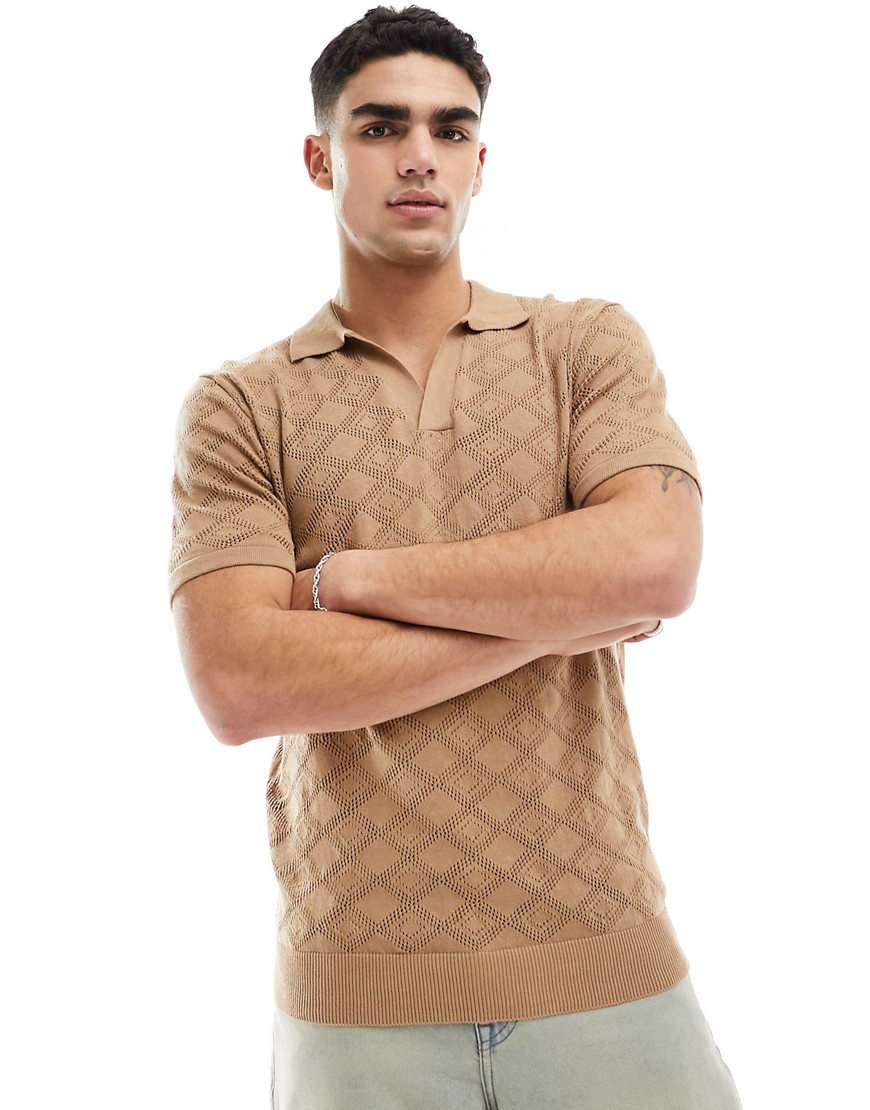 textured knit trophy neck polo in tan-Brown