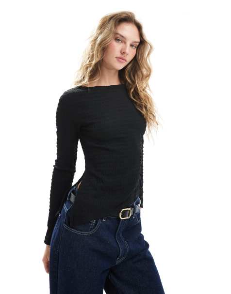 Brave Soul textured long sleeve boat neck top in black - view 1