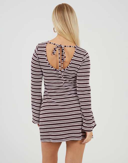 Brave Soul Textured long sleeve stripe mini dress in burgundy, 2 of 4