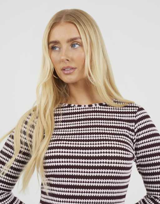 Brave Soul Textured long sleeve stripe mini dress in burgundy, 3 of 4