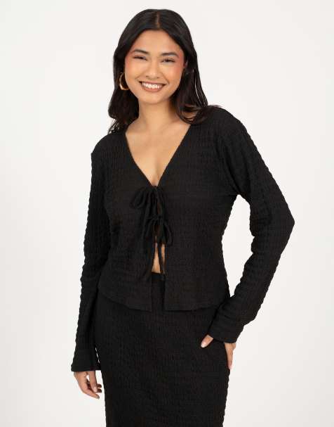 Brave Soul Textured long sleeve tie front top in black - view 1