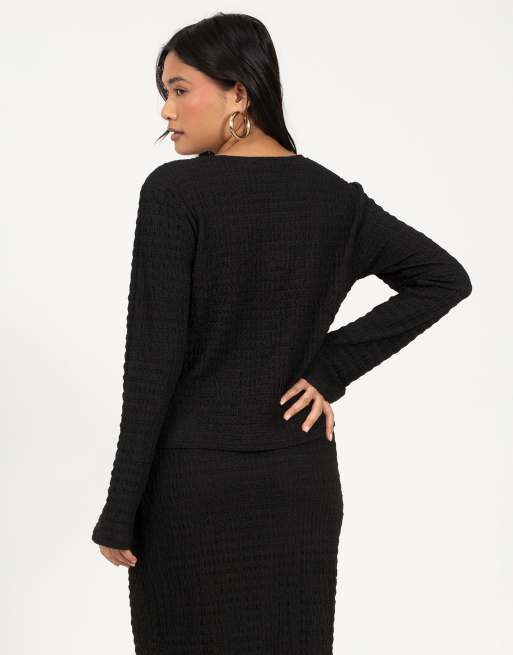 Brave Soul Textured long sleeve tie front top in black, 2 of 4