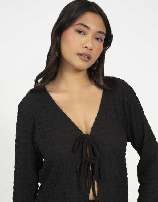 Brave Soul Textured long sleeve tie front top in black, 4 of 4