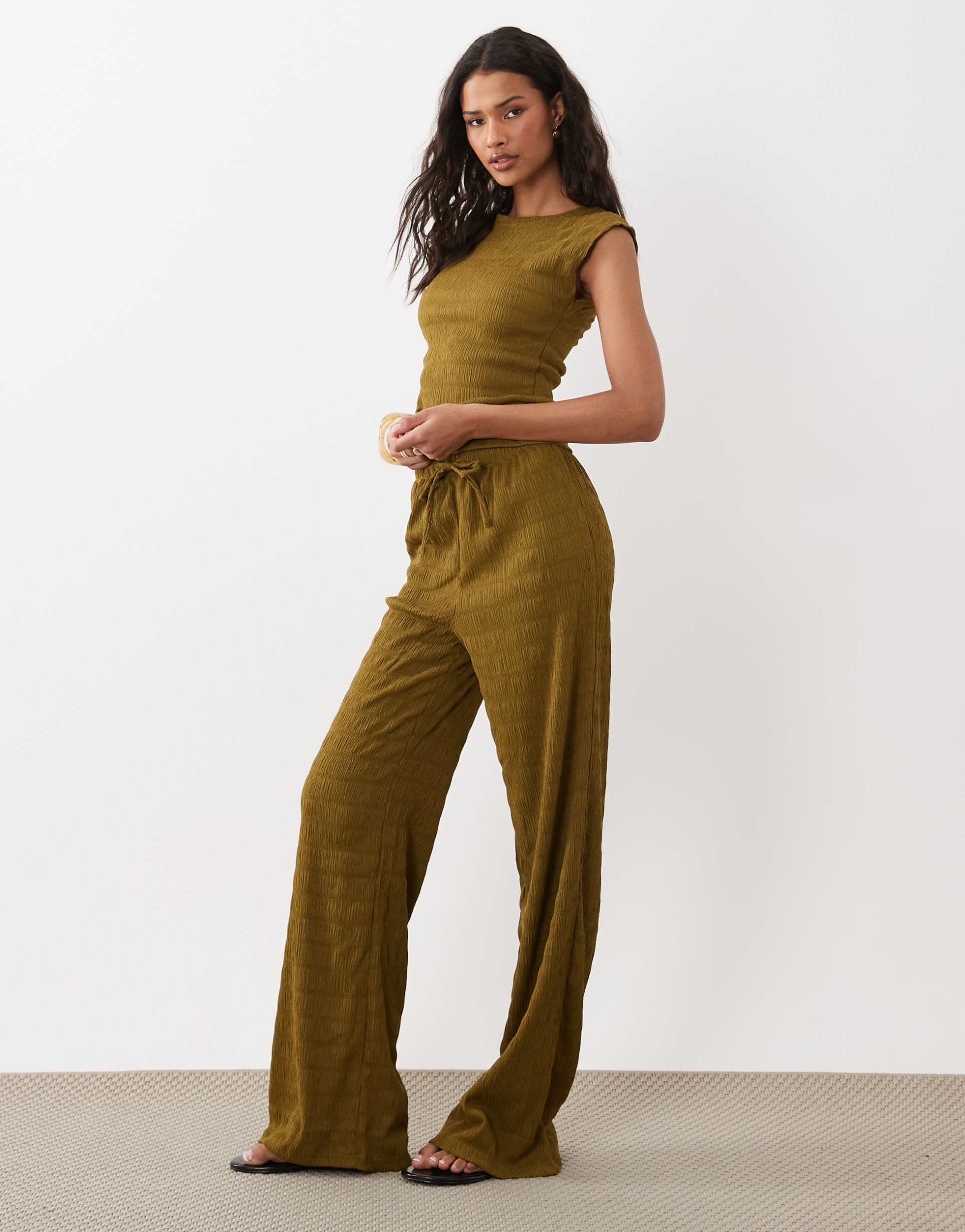 brave soul textured pants in olive green - part of a set