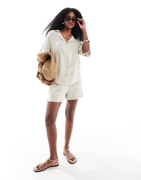Brave Soul textured pull on shorts in ecru - part of a set - view 1