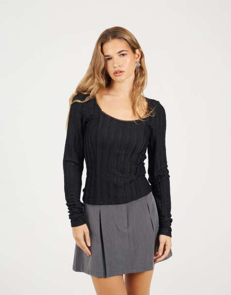 Brave Soul Textured scoop neck top in black