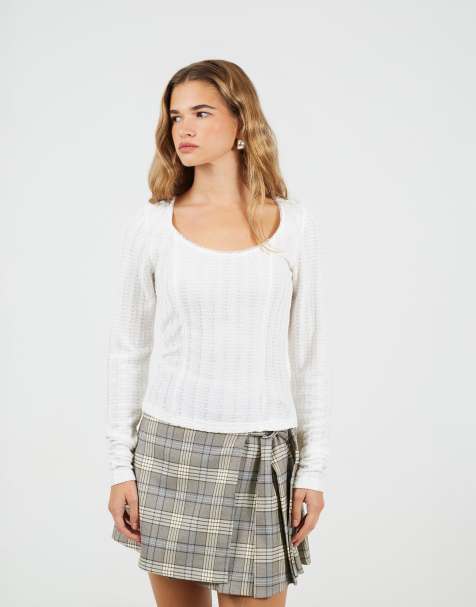 Brave Soul Textured scoop neck top in cream