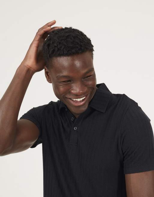Brave Soul Textured short sleeve polo shirt in black, 4 of 4