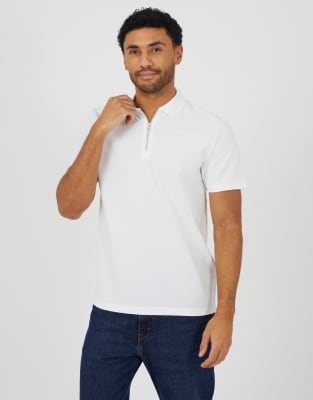 Brave Soul Textured short sleeve quarter zip polo shirt in cream-White