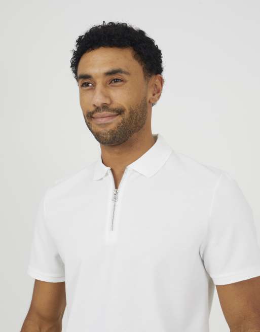 Brave Soul Textured short sleeve quarter zip polo shirt in cream, 4 of 4