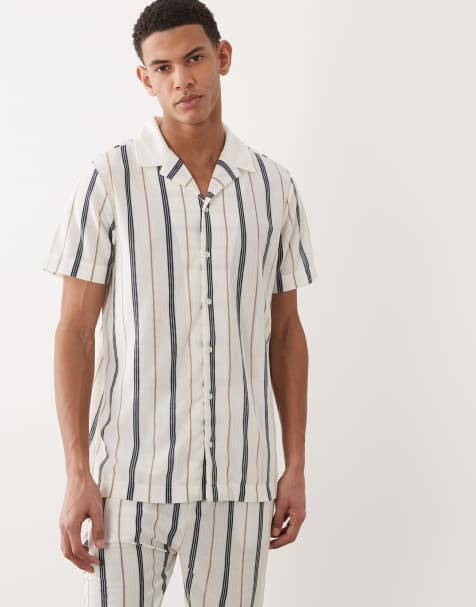 Brave Soul textured short sleeve shirt co-ord in cream, navy and taupe stripe - view 1