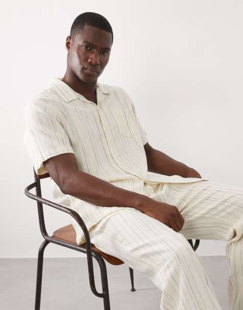 Brave Soul textured short sleeve shirt in cream and brown stripe - part of a set - view 1