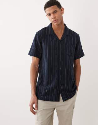 Brave Soul Short Sleeve Textured Shirt With Camp Collar In Blue