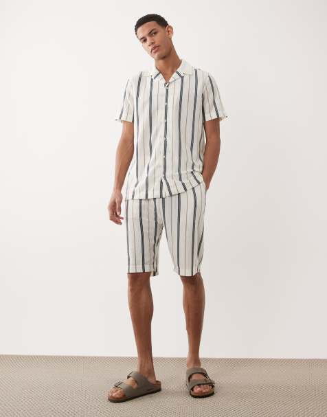 Brave Soul textured shorts co-ord in cream, navy and taupe stripe - view 1